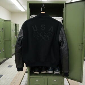 ZIVO All Black USA Olympics Varsity Jacket Leather Sleeves Large